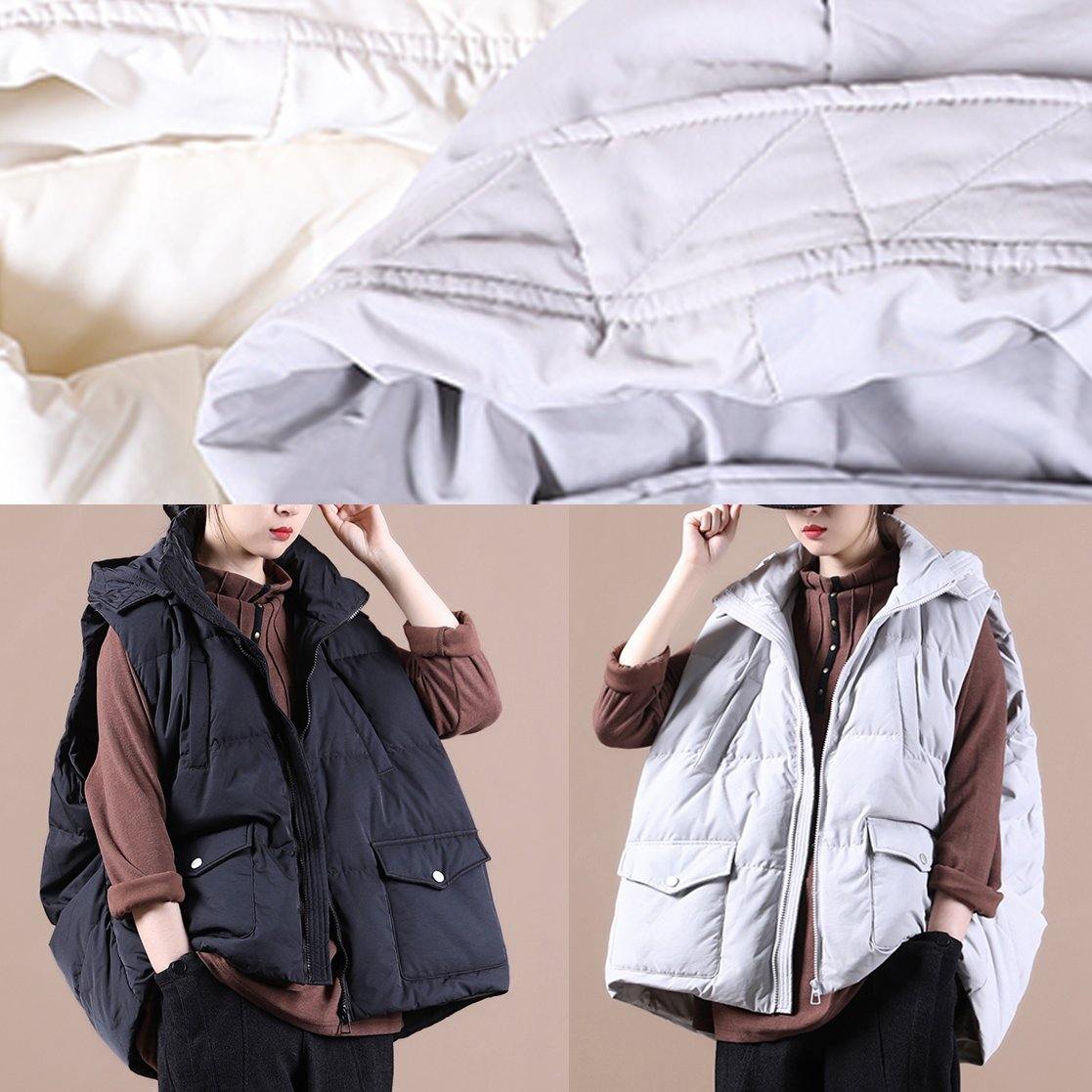 Black Down Jacket Woman Oversize Parka Stand Collar Pockets Vest