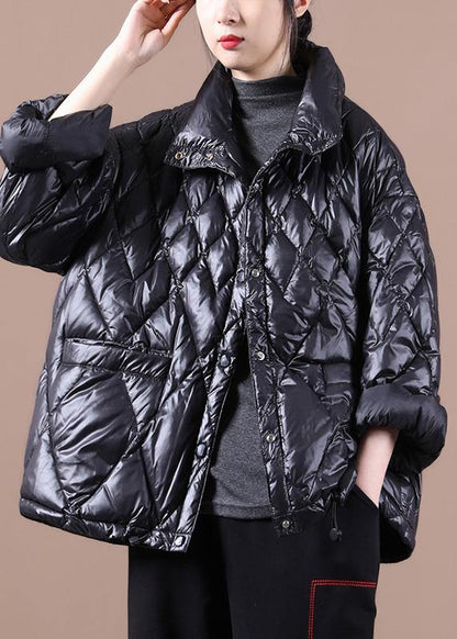 Black Goose Down Coat Loose Fitting Snow Jackets Stand Collar Button Down New Jackets