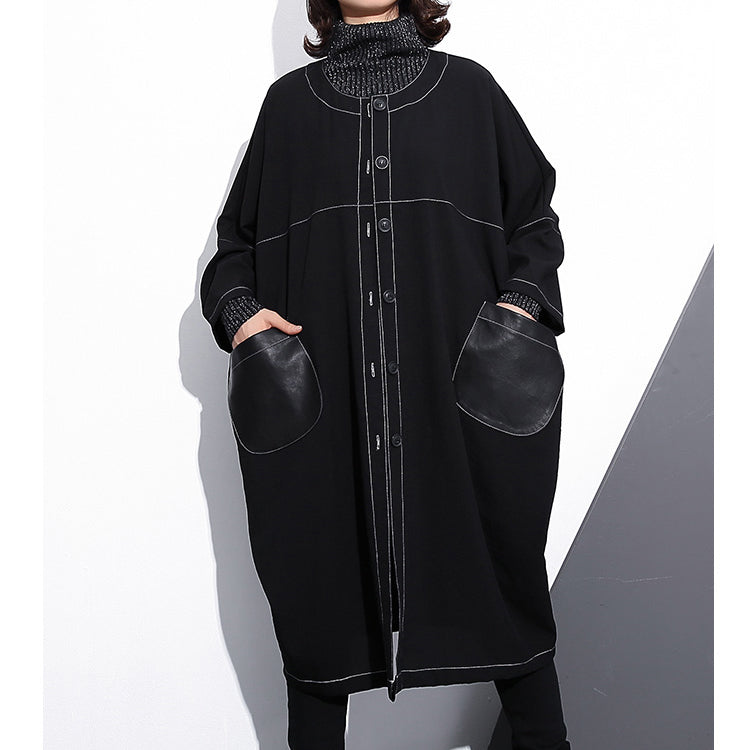 Black Maxi Coat O Neck Baggy Boutique Pockets Coats