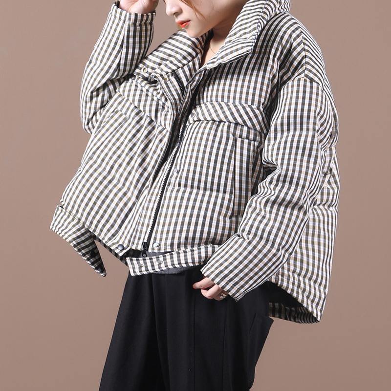 Black Plaid Duck Down Coat Stand Collar Overcoat