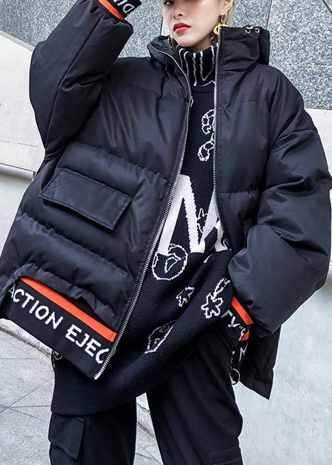 Black Print Parka Oversize Hooded Thick Zippered Winter Outwear