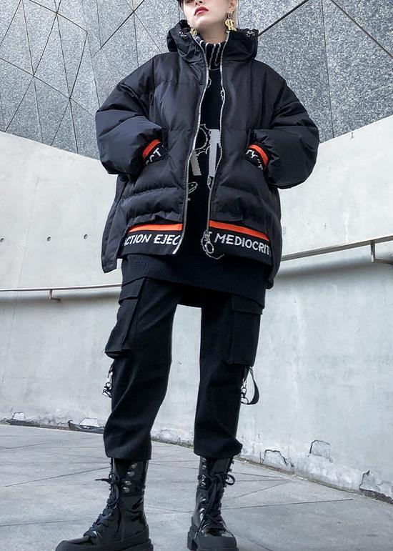 Black Print Parka Oversize Hooded Thick Zippered Winter Outwear