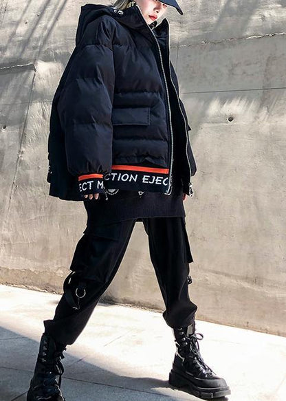 Black Print Parka Oversize Hooded Thick Zippered Winter Outwear