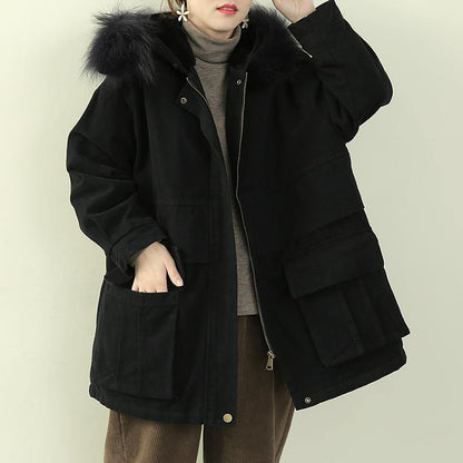Black Winter Coats Clothing Hooded Faux Fur Collar Overcoat