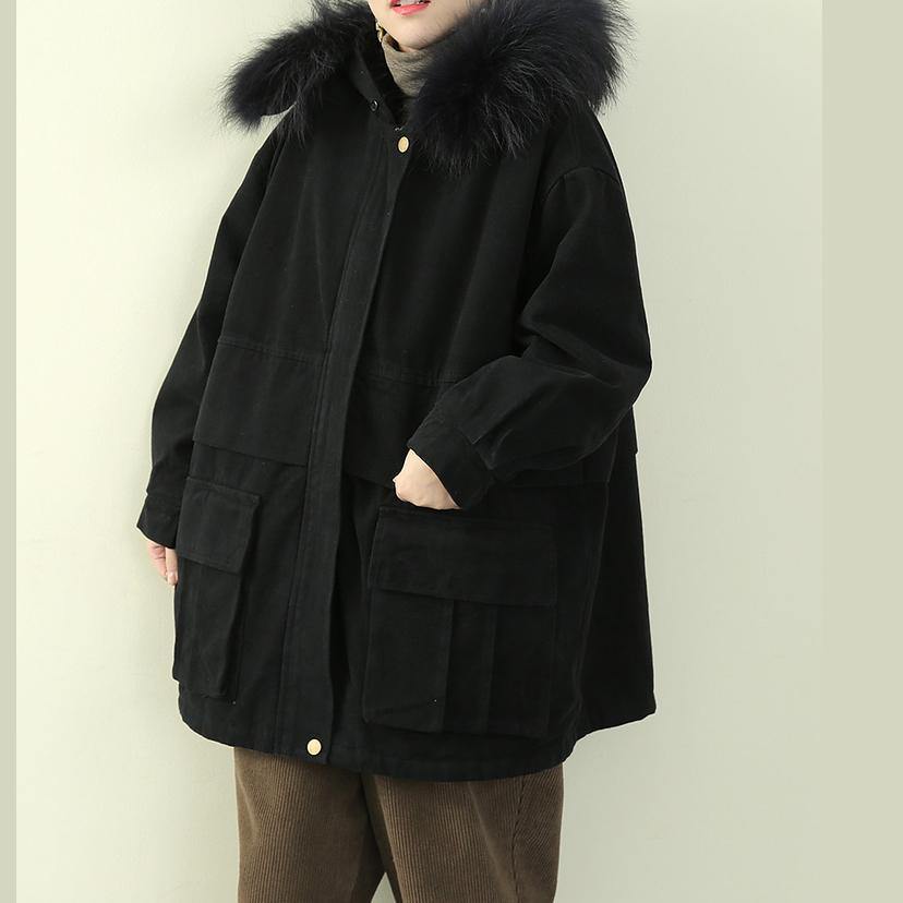 Black Winter Coats Clothing Hooded Faux Fur Collar Overcoat