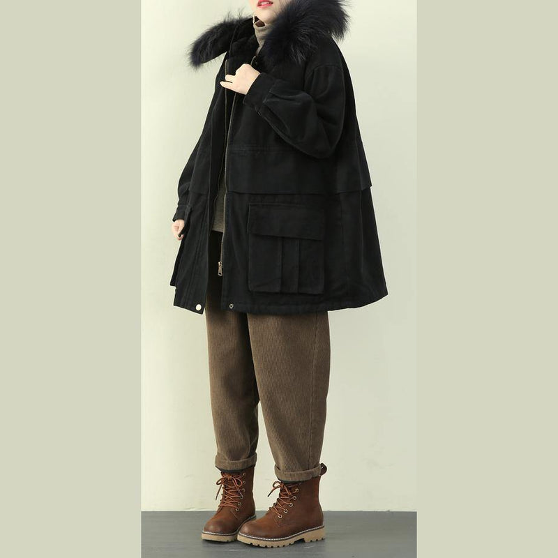 Black Winter Coats Clothing Hooded Faux Fur Collar Overcoat