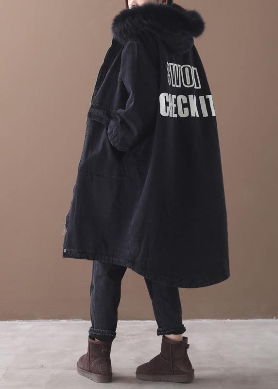 Black Winter Overcoat Loose Fitting Warm Winter Coat Alphabet Prints Hooded Outwear