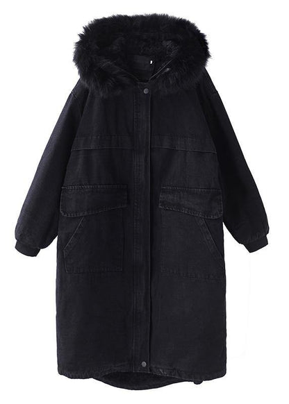 Black Winter Overcoat Loose Fitting Warm Winter Coat Alphabet Prints Hooded Outwear