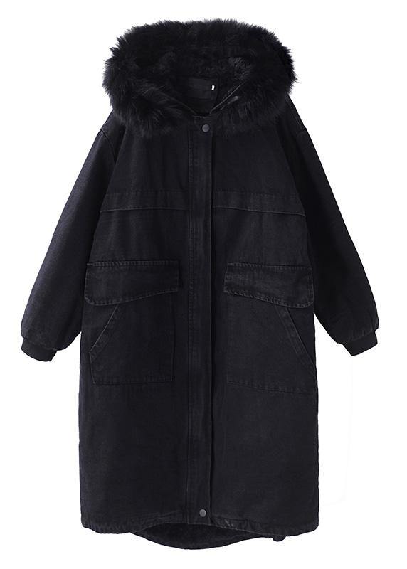 Black Winter Overcoat Loose Fitting Warm Winter Coat Alphabet Prints Hooded Outwear