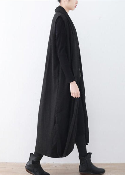 Black Woolen Long Coat Oversized Asymmetric Hem Maxi Coat Sleeveless Long Jackets