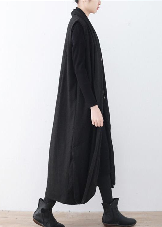 Black Woolen Long Coat Oversized Asymmetric Hem Maxi Coat Sleeveless Long Jackets