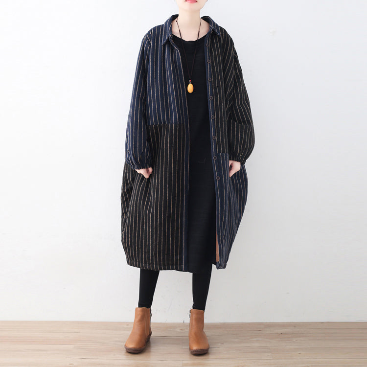 Blue Black Striped Down Coat Oversized Woolen Puffers Jackets Fine Patchwork Winter Outwear
