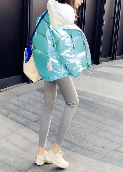 Blue Patchwork Coat Down Jacket Hooded Thick Winter Outwear