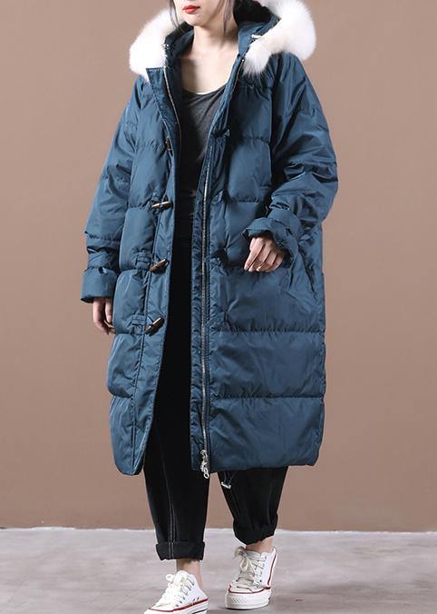 Blue Warm Winter Coat Pockets Snow Jackets Hooded Fur Collar Jackets