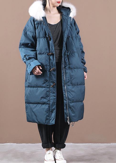 Blue Warm Winter Coat Pockets Snow Jackets Hooded Fur Collar Jackets