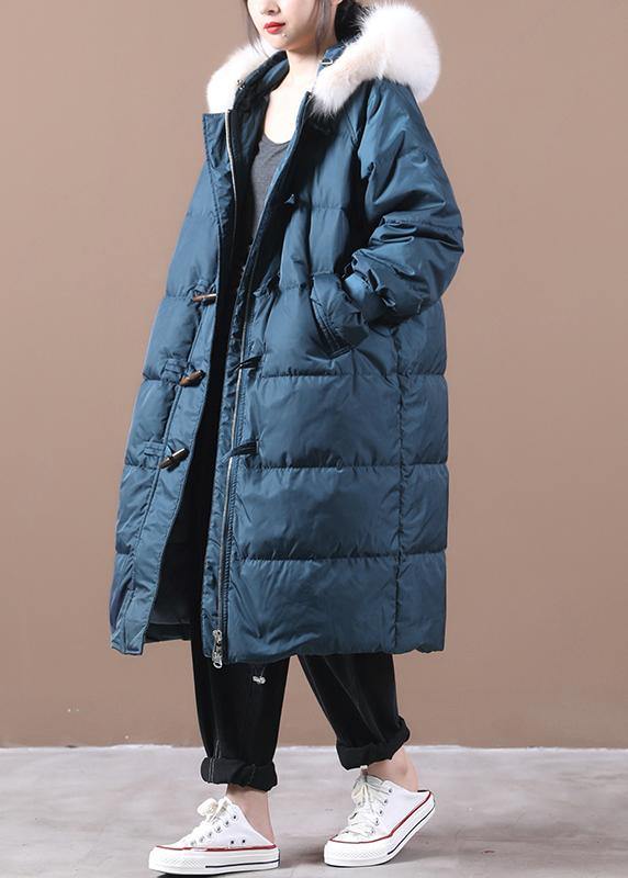 Blue Warm Winter Coat Pockets Snow Jackets Hooded Fur Collar Jackets