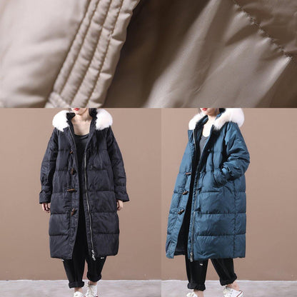 Blue Warm Winter Coat Pockets Snow Jackets Hooded Fur Collar Jackets