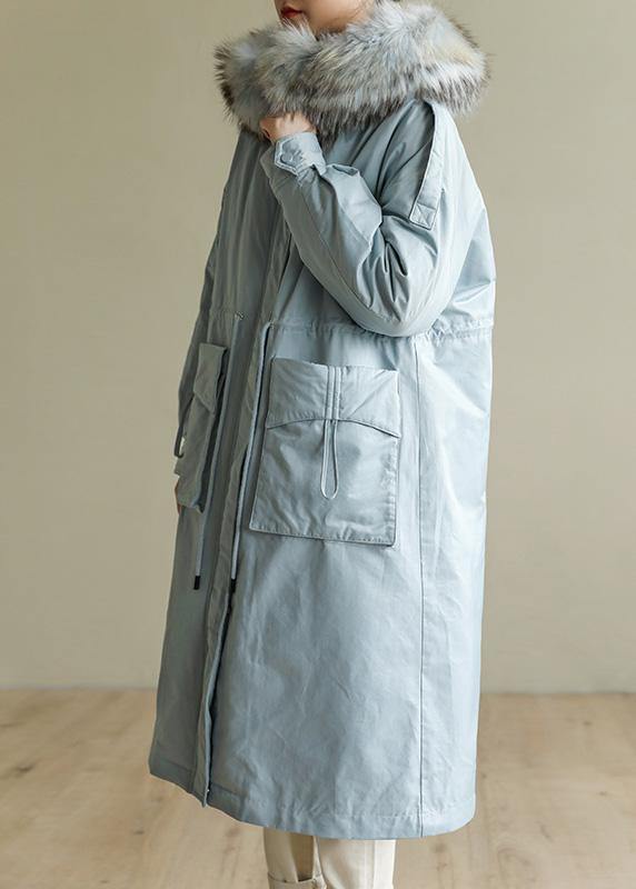 Blue Winter Parkas Warm Winter Coat Zippered Fur Collar Outwear