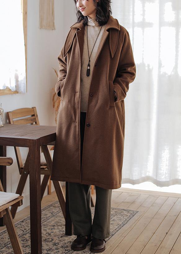 Brown Wool Coat for Woman Oversize Pockets Notched Coats