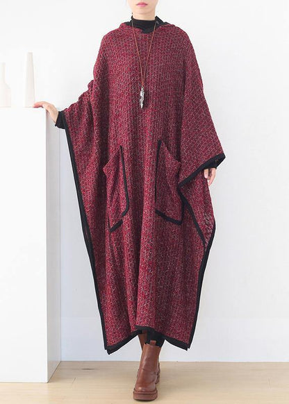 Burgundy Woolen Outwear Oversize Hooded Large Hem Long Outwear