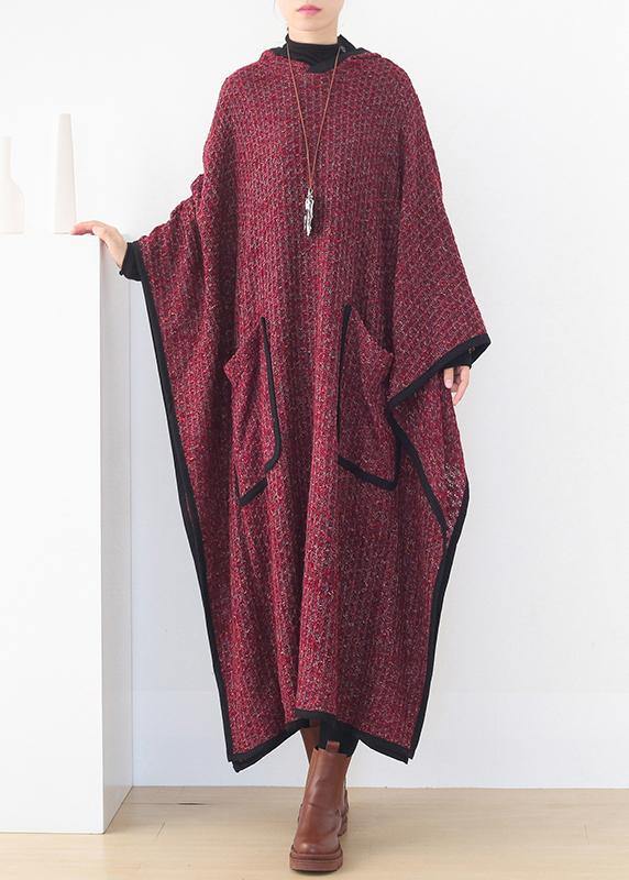 Burgundy Woolen Outwear Oversize Hooded Large Hem Long Outwear