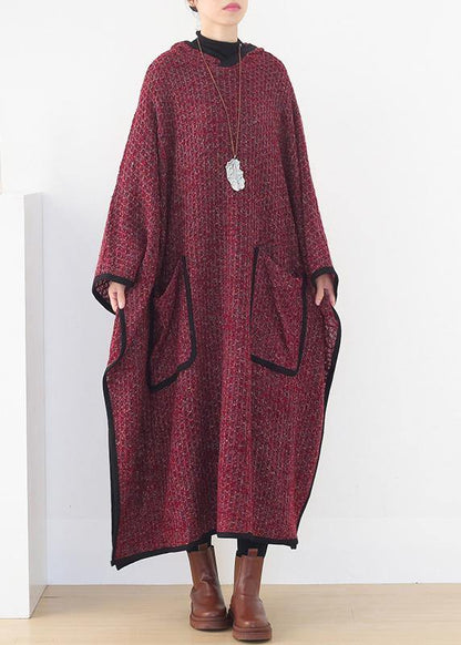 Burgundy Woolen Outwear Oversize Hooded Large Hem Long Outwear