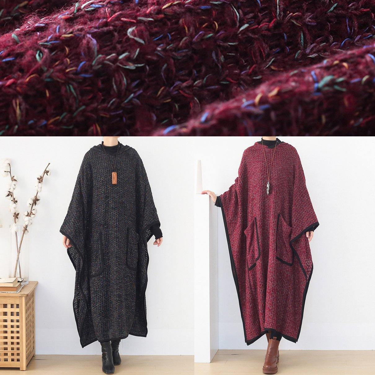 Burgundy Woolen Outwear Oversize Hooded Large Hem Long Outwear