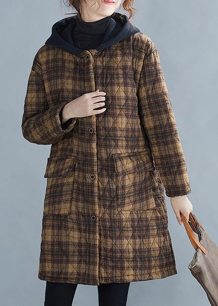 Warm Winter Coat Coats Yellow Plaid Hooded Pockets Coat