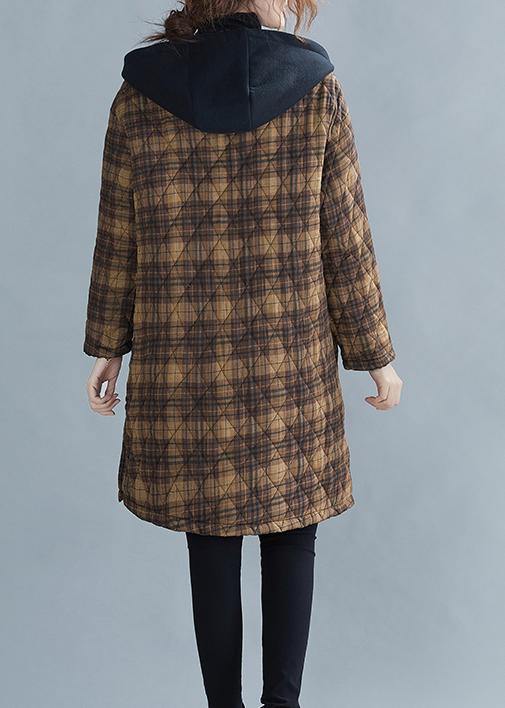 Warm Winter Coat Coats Yellow Plaid Hooded Pockets Coat