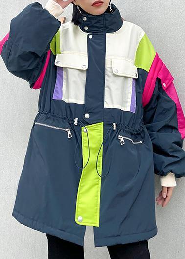 Gray Blue Coats Clothing Jacket Stand Collar Patchwork Overcoat