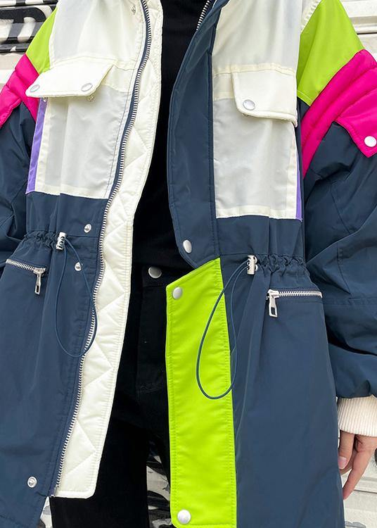Gray Blue Coats Clothing Jacket Stand Collar Patchwork Overcoat