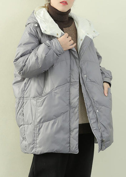 Gray Blue Duck Down Coat Winter Jacket Hooded Zippered Coats