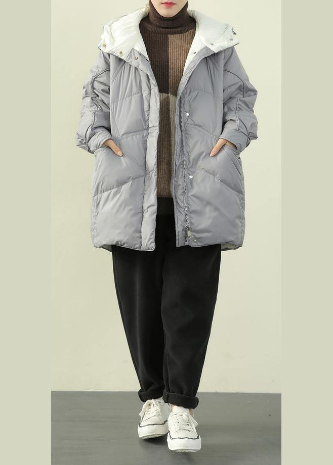 Gray Blue Duck Down Coat Winter Jacket Hooded Zippered Coats