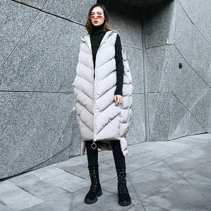 Gray Down Jacket Hooded Zippered Quilted Coat Sleeveless Outwear