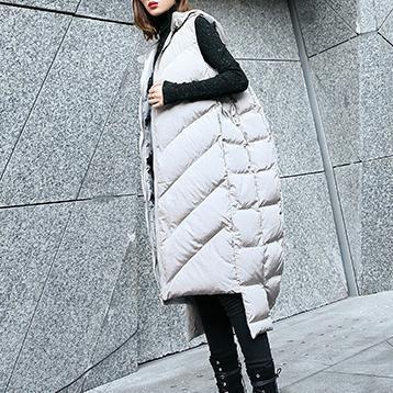 Gray Down Jacket Hooded Zippered Quilted Coat Sleeveless Outwear