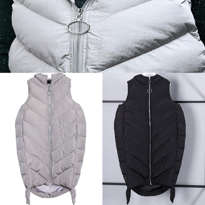 Gray Down Jacket Hooded Zippered Quilted Coat Sleeveless Outwear