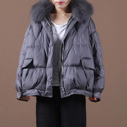 Gray Down Jacket Woman Loose Fitting Winter Fur Collar Zippered Hooded New Jackets