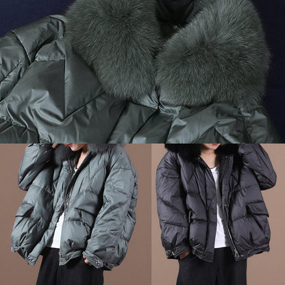 Gray Down Jacket Woman Loose Fitting Winter Fur Collar Zippered Hooded New Jackets