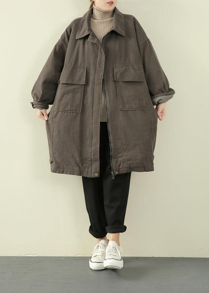 Gray Green Outfit Winter Jacket Lapel Zippered Overcoat