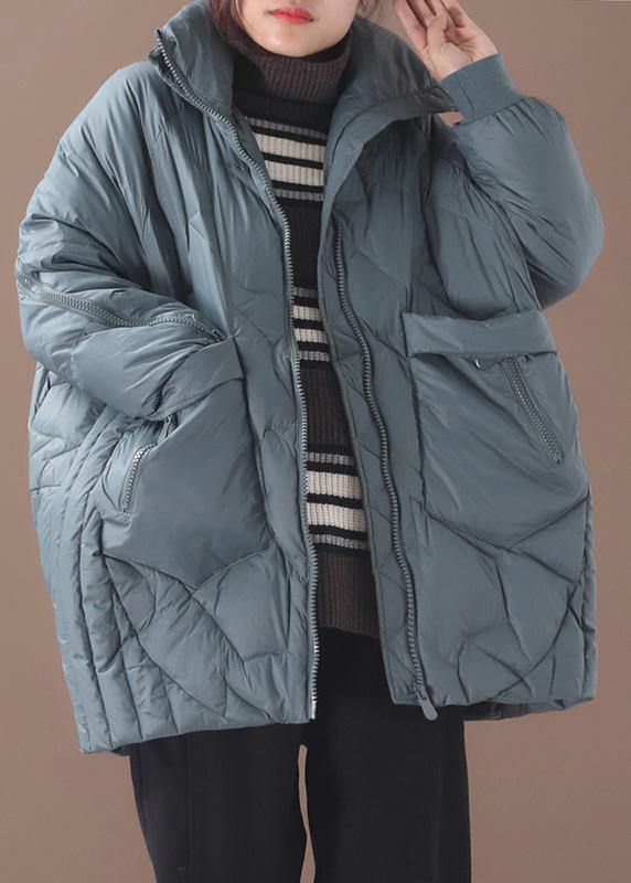 Green Duck Down Coat Clothing Stand Collar Down Jacket Zippered Overcoat