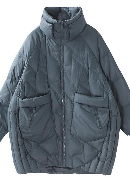 Green Duck Down Coat Clothing Stand Collar Down Jacket Zippered Overcoat