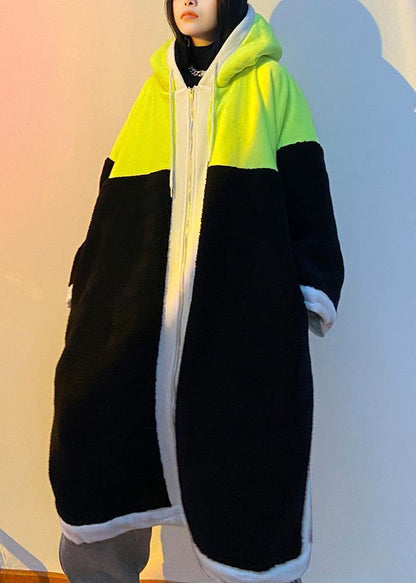 Green Fuzzy Wool Coat Hooded Patchwork Coat