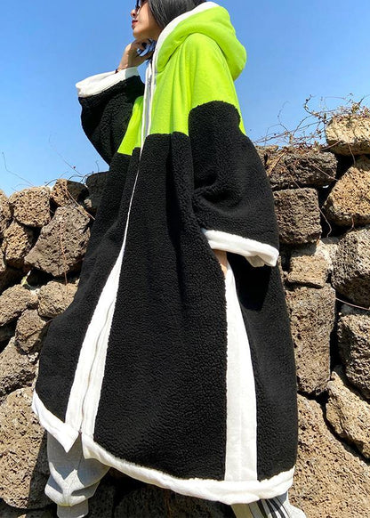 Green Fuzzy Wool Coat Hooded Patchwork Coat