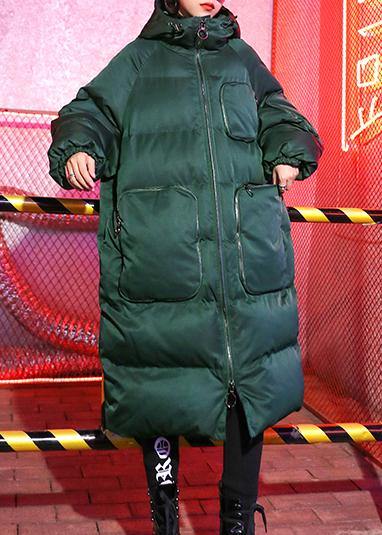 Green Winter Parkas Loose Fitting Snow Jackets Winter Hooded Zippered Coats