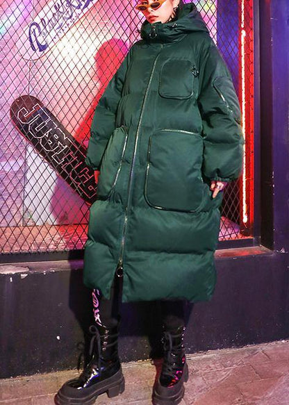 Green Winter Parkas Loose Fitting Snow Jackets Winter Hooded Zippered Coats