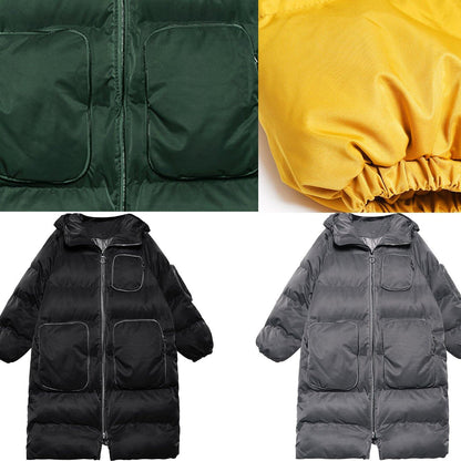 Green Winter Parkas Loose Fitting Snow Jackets Winter Hooded Zippered Coats
