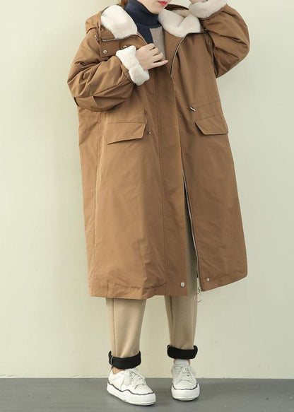 Khaki Outfit Clothing Down Jacket Hooded Zippered Winter Outwear