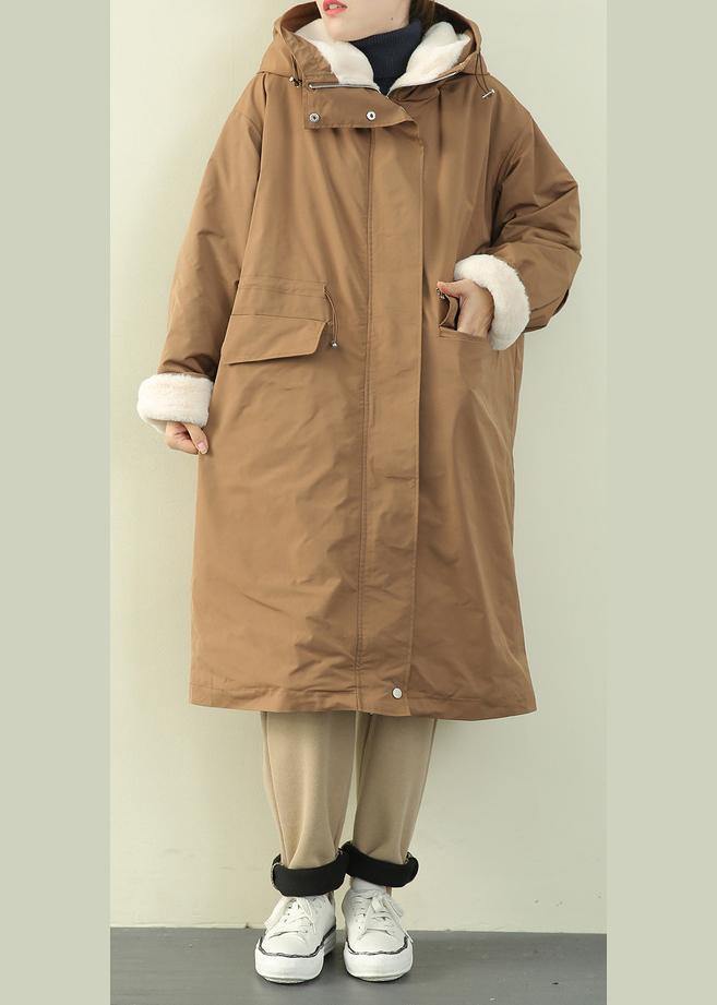 Khaki Outfit Clothing Down Jacket Hooded Zippered Winter Outwear
