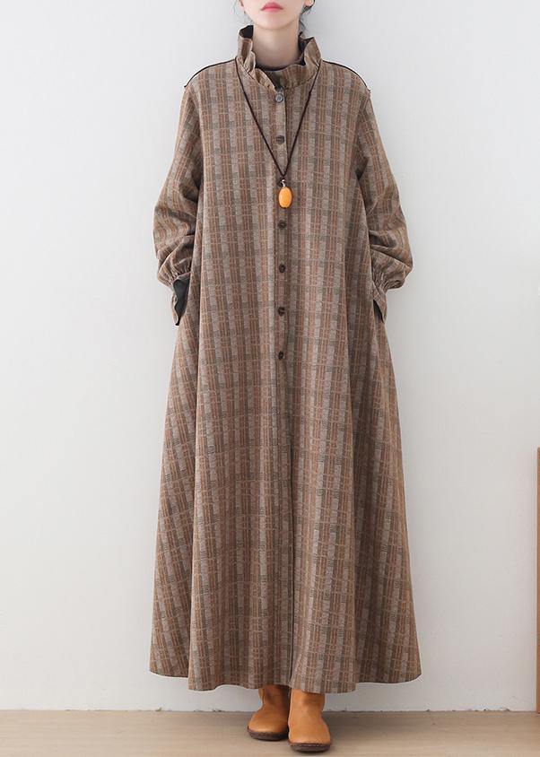 Khaki Plaid Jackets Mid-length Coats Stand Collar Button Down Coat