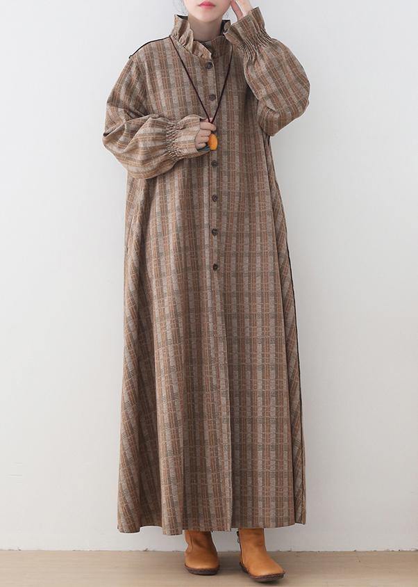 Khaki Plaid Jackets Mid-length Coats Stand Collar Button Down Coat
